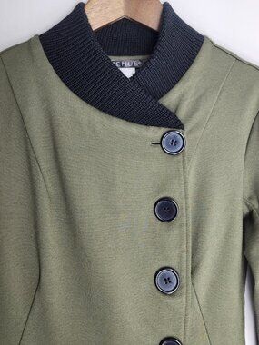 Venus Olive Asymmetrical Knit Jacket w/ Black Sweater Trim - M